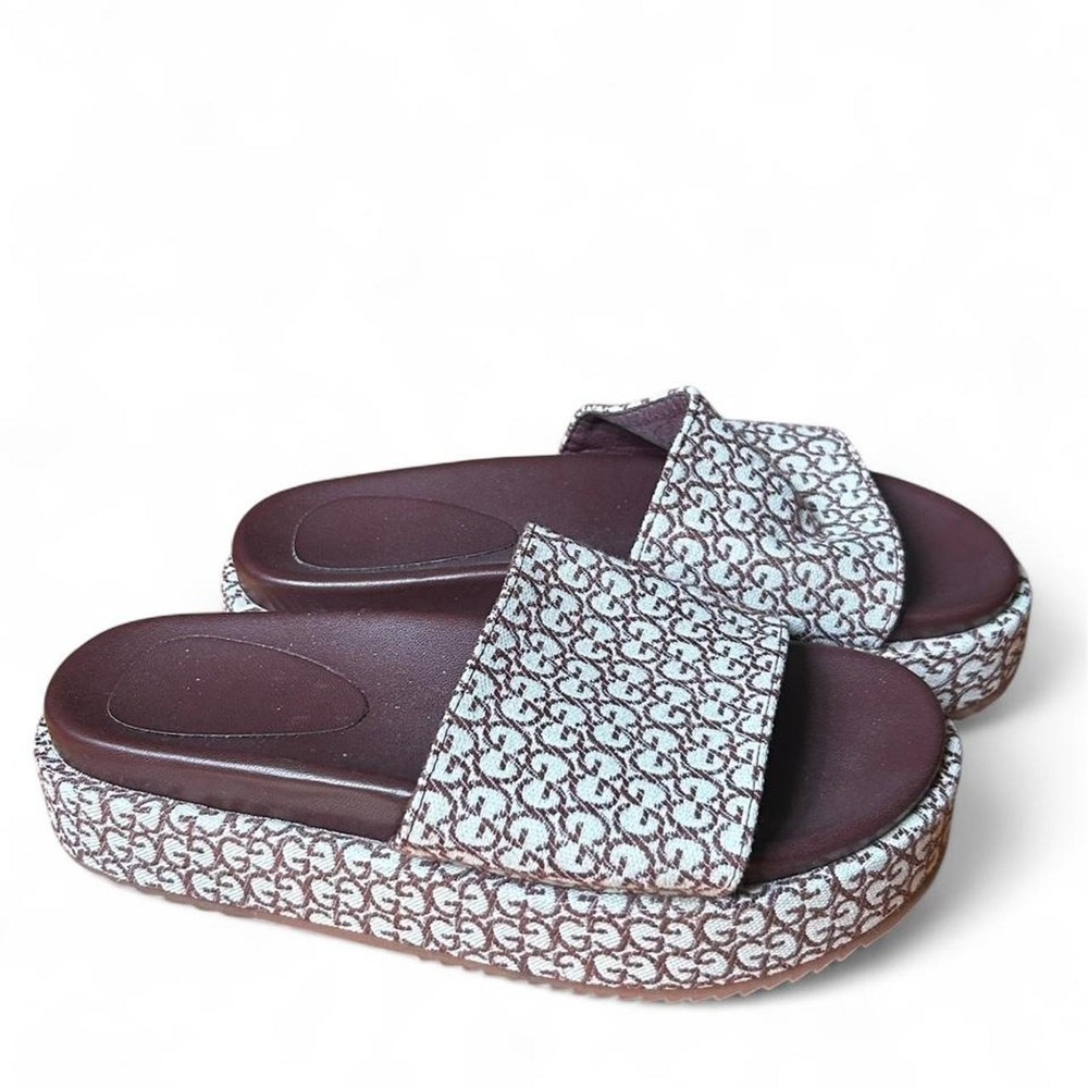Brown Monogram Platform Slide Sandals Y2K Neutral Resort Quiet Luxury Size 4